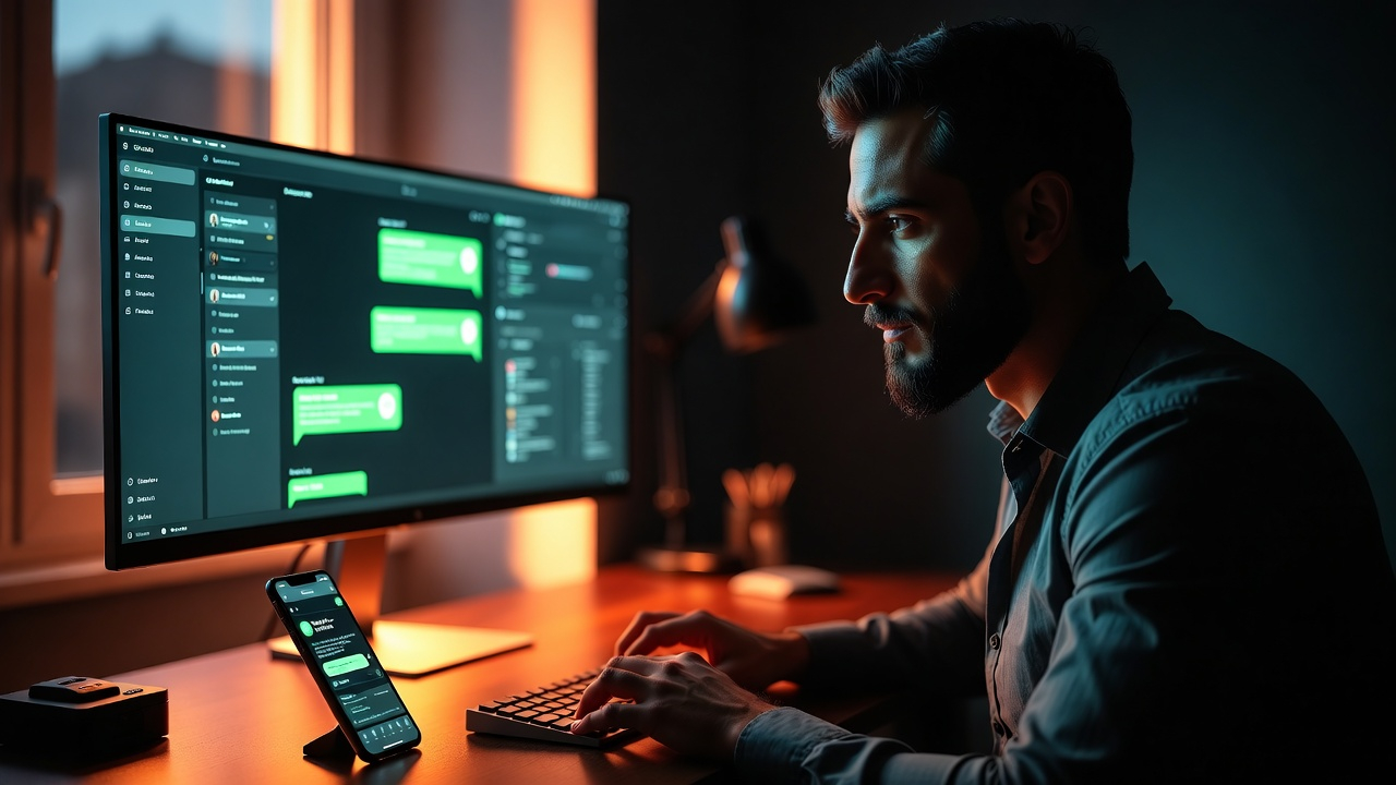 בעל עסק עם טלפון ומחשב נייד