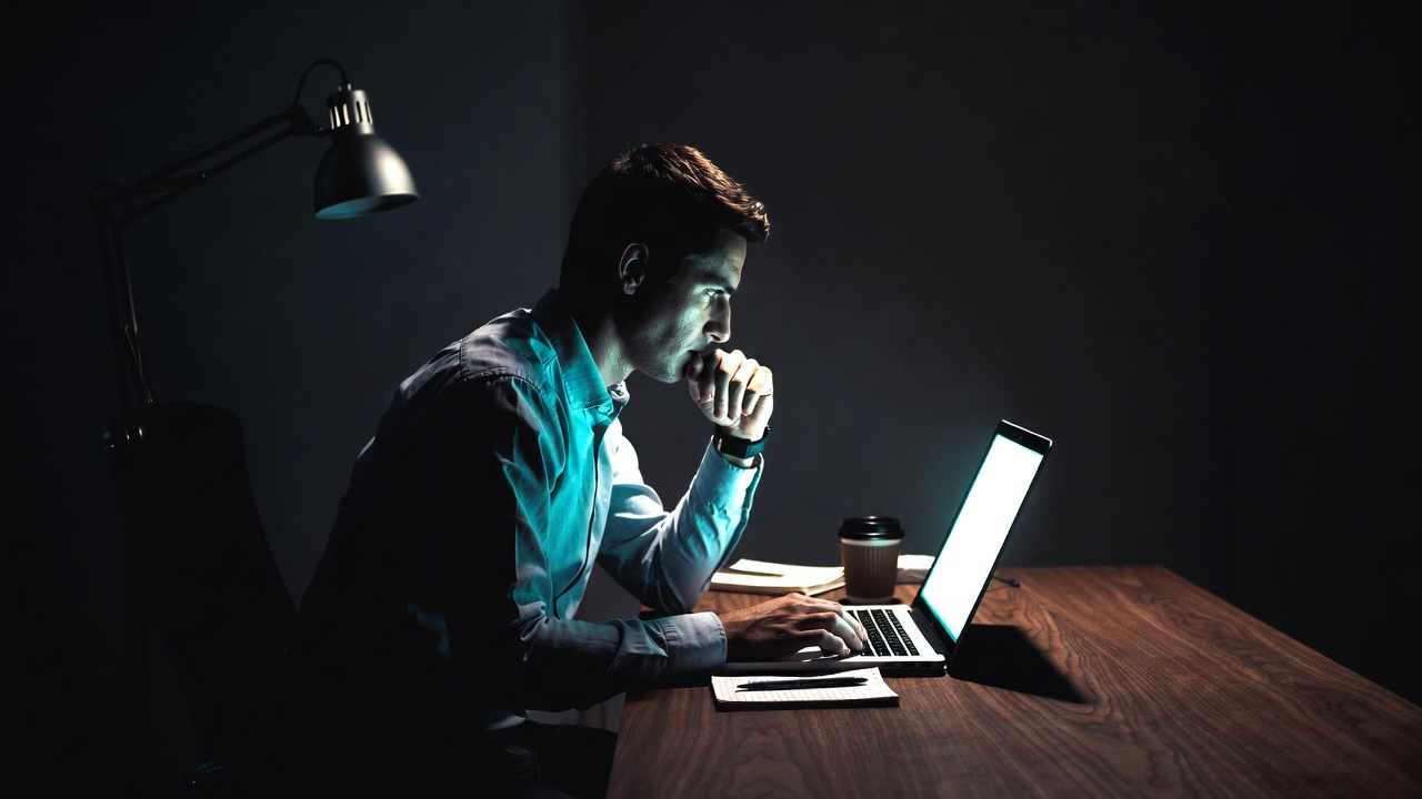 בעל עסק מסתכל על מסך מחשב