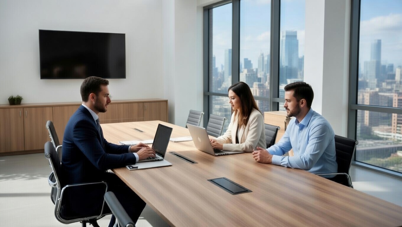 סביבת עבודה של משרד עם אנשי עסקים בפגישה