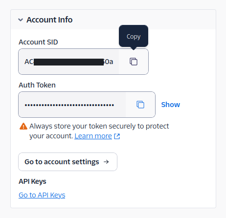 שדה Twilio Auth Token