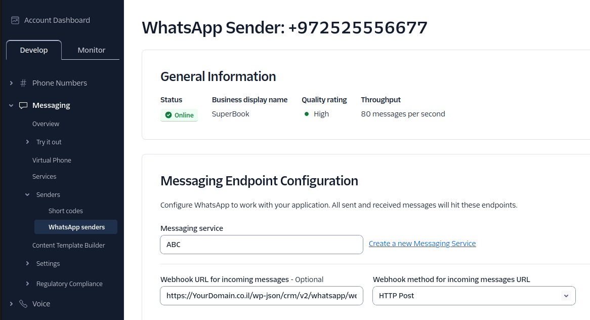 הגדרת Webhook ב-Twilio